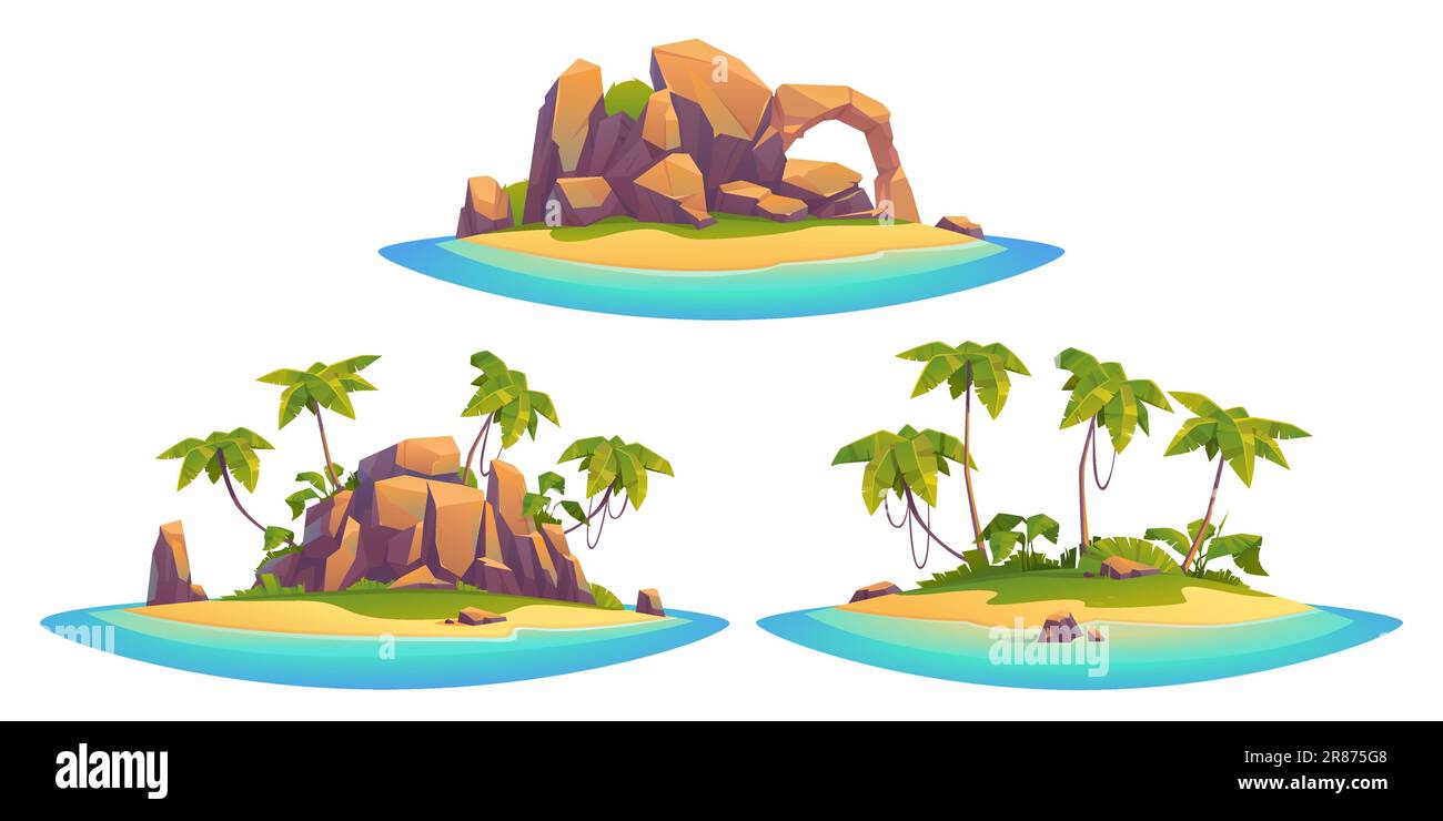 Unbewohnte Trickfilmszene mit tropischen Inseln. Winzige Insel mit Meeresfelsen mit Palmen und Steinklippen, isoliert auf weißem Hintergrund. Schön Stock Vektor