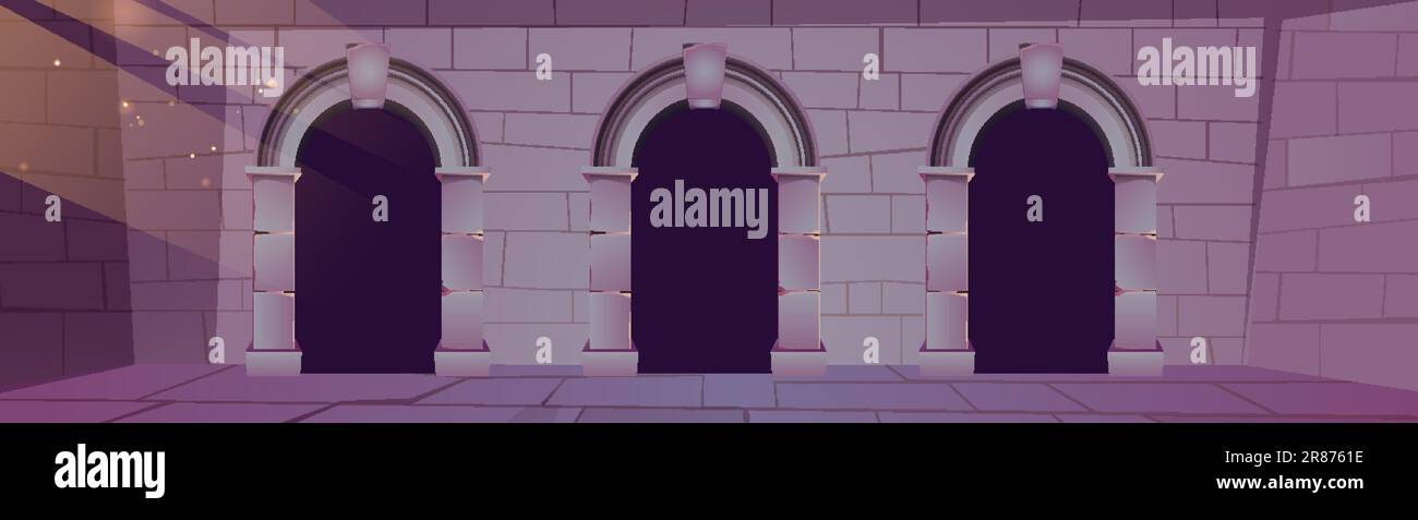 Alte Burgmauer mit Türöffnungen. Vektor-Cartoon-Illustration eines Steinverlies mit gruseligen dunklen Türen, mittelalterlichem unterirdischen Gefängnis, königlicher Palastbasis Stock Vektor