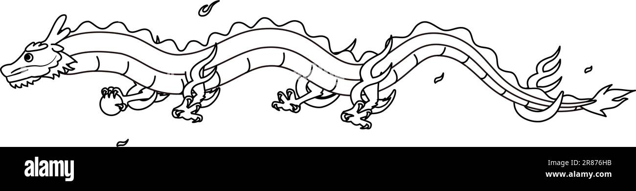 Neujahrskarte Material für das Jahr des Drachen 2024, Drache fliegt am Himmel mit liegendem Körper, schwarz-weiße Strichzeichnung, Vektor I Stock Vektor