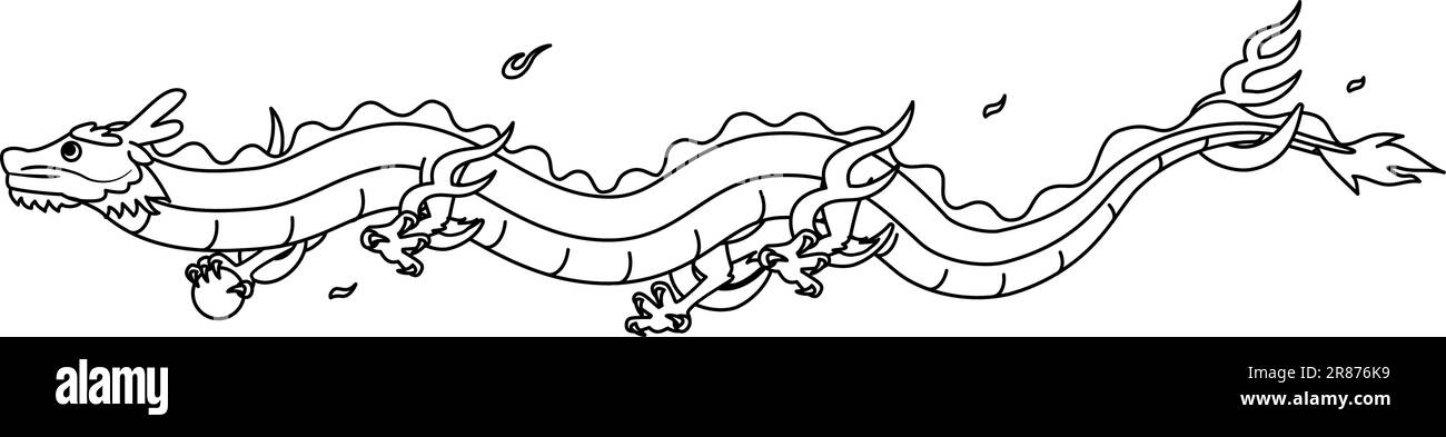 Neujahrskarte Material für das Jahr des Drachen 2024, Drache fliegt am Himmel mit liegendem Körper, schwarz-weiße Strichzeichnung, Vektor I Stock Vektor