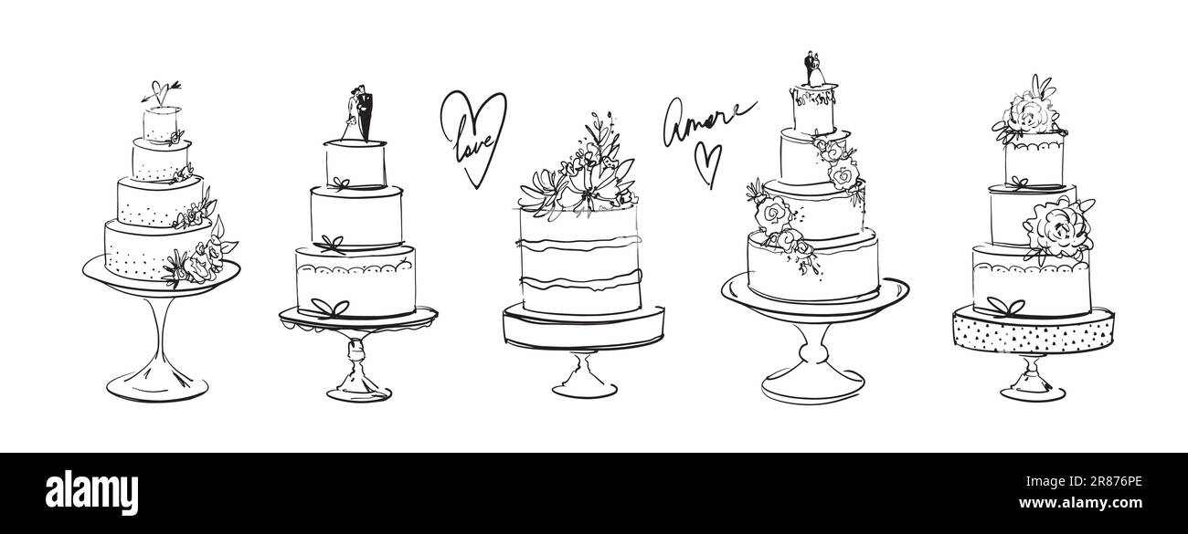 Set mit wunderschönen gestaffelten Hochzeitstorten, trendigen Zeichnungen, Freihandzeichnungen, Liniensymbolen. Vektorkollektion von Kuchen für eine Konditorei, isoliertes Logo auf einem WH Stock Vektor