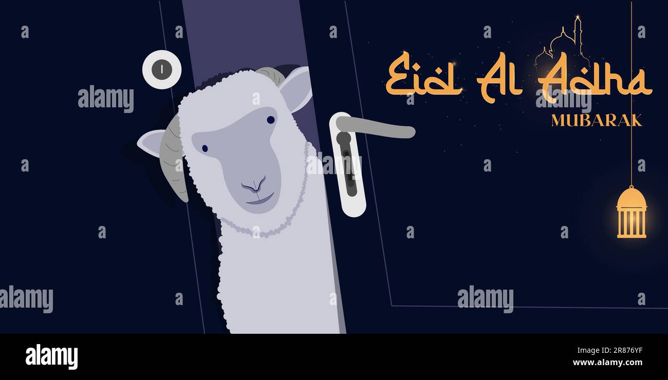 Eid Al Adha Mubarak Feier-Banner mit einer Ziege auf blauem Hintergrund. Vektorposter-Design. Stock Vektor