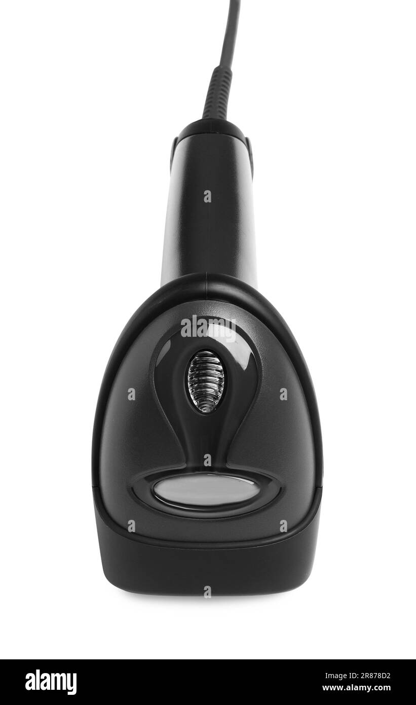 Schwarzer moderner Barcode-Scanner isoliert auf weiß Stockfoto