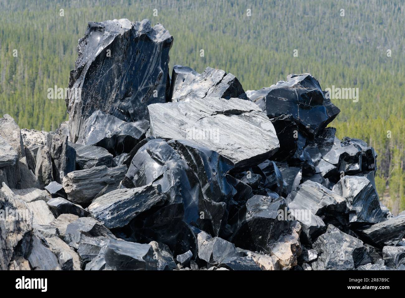 Natürliches obsidianisches vulkanisches Glas am Newberry Volcano in Oregon Stockfoto