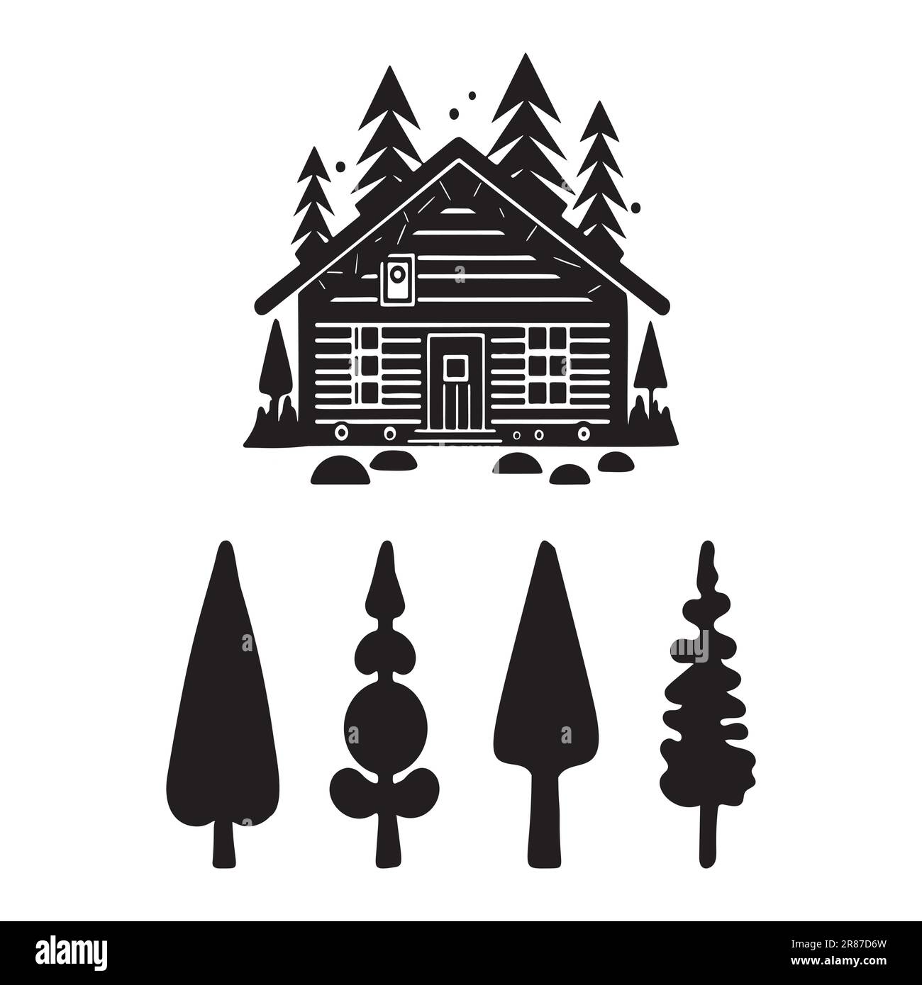 Eine Reihe von Vektordarstellungen für Holzhütten und Tannenbäume. Maskuline Outdoor-Reise im nordischen Linocut-Chalet in skandinavischer Urlaubsgruppe Stock Vektor