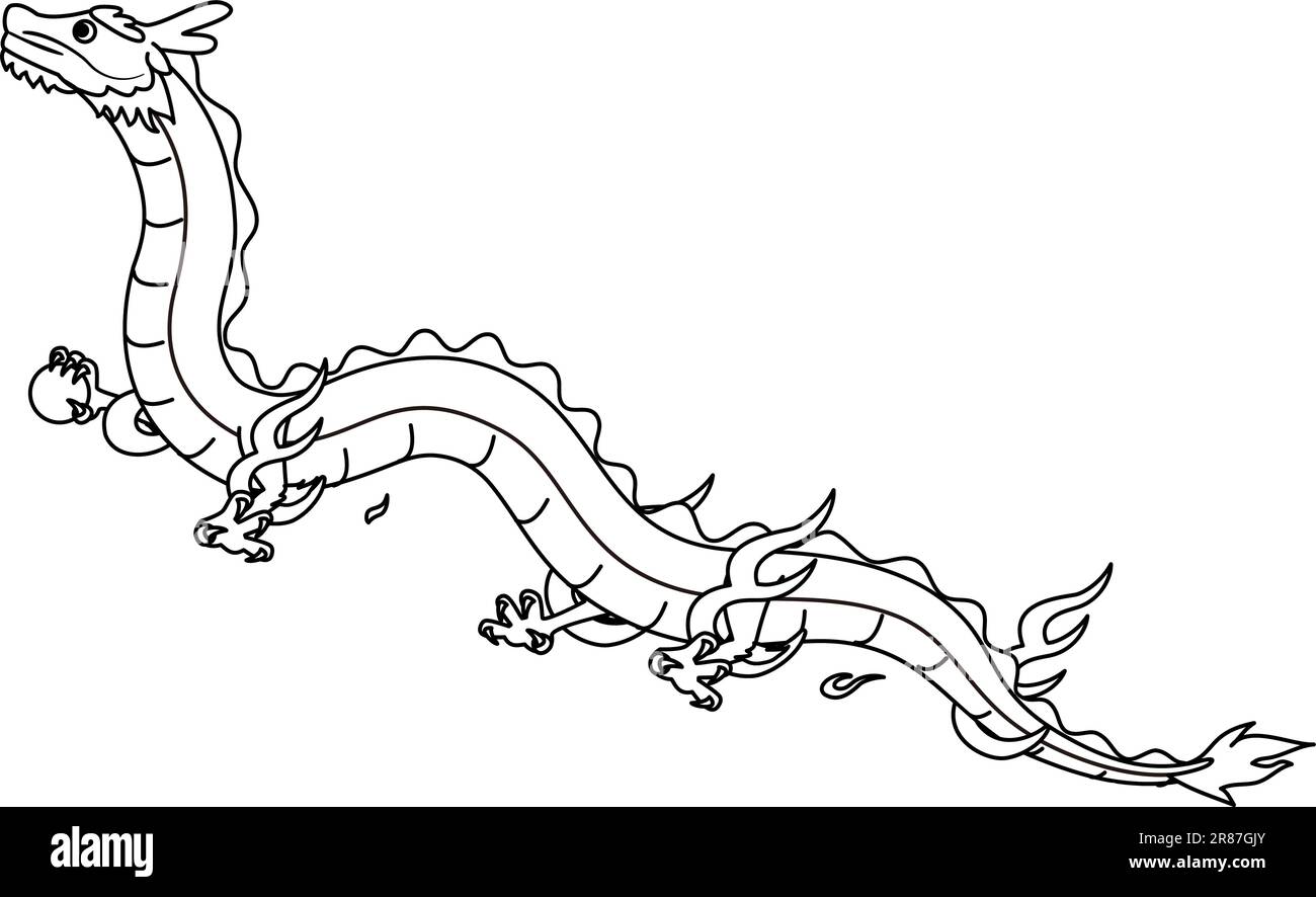 Material der Neujahrskarte für das Jahr des Drachen 2024, aufsteigender Drache, der am Himmel fliegt, schwarz-weiße Strichzeichnung, Vektorabbildung Stock Vektor