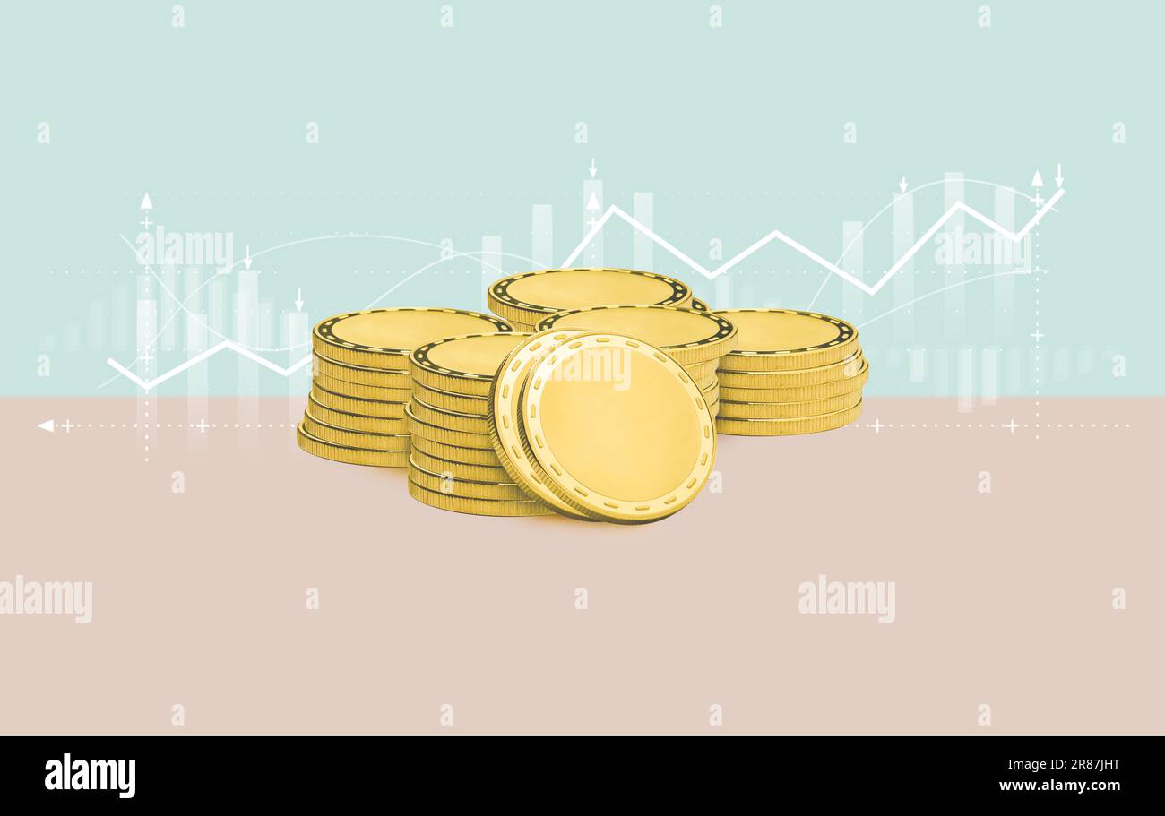 Goldmünzstapel im Hintergrund von Finanzplänen. 3D Abbildung Stockfoto