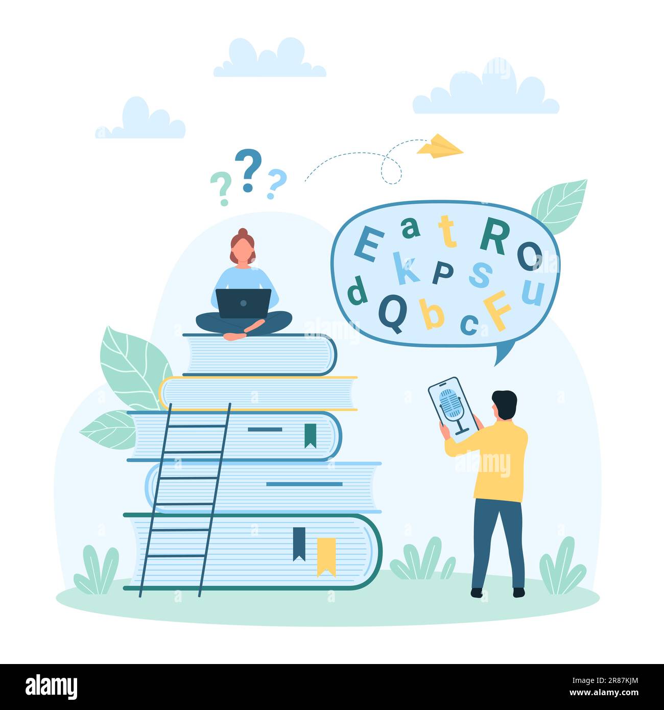 Slang-Kommunikation, Wissensvektor-Illustration. Zeichentrickfilme winzige Menschen kommunizieren in Fachjargon-Wörtern mit einer Bedeutung, die kompliziert zu verstehen ist, unordentliche Buchstaben in einer Chat-Sprechblase Stock Vektor