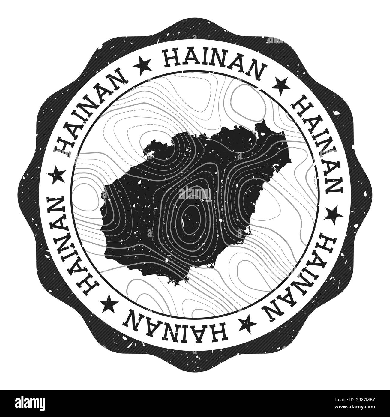 Hainan-Außenstempel. Runder Aufkleber mit Karte der Insel mit topografischen Isolinien. Vektordarstellung. Kann als Abzeichen, Logo, Label oder Sticker verwendet werden Stock Vektor
