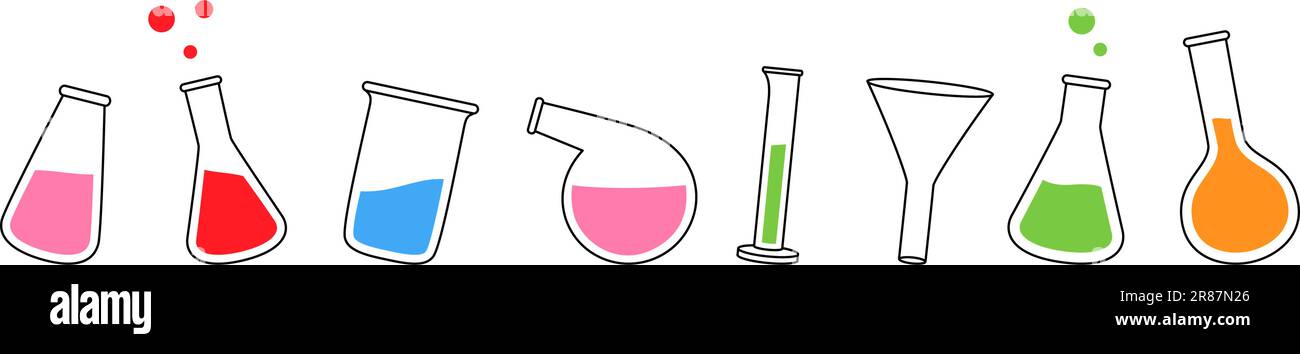 Laborglaswaren. Glaswaren für die Chemie, Erlenmeyerkolben, Glasbecher, Stretorglaskolben, Messzylinder, Filtertrichter, Glaskolben. Stock Vektor