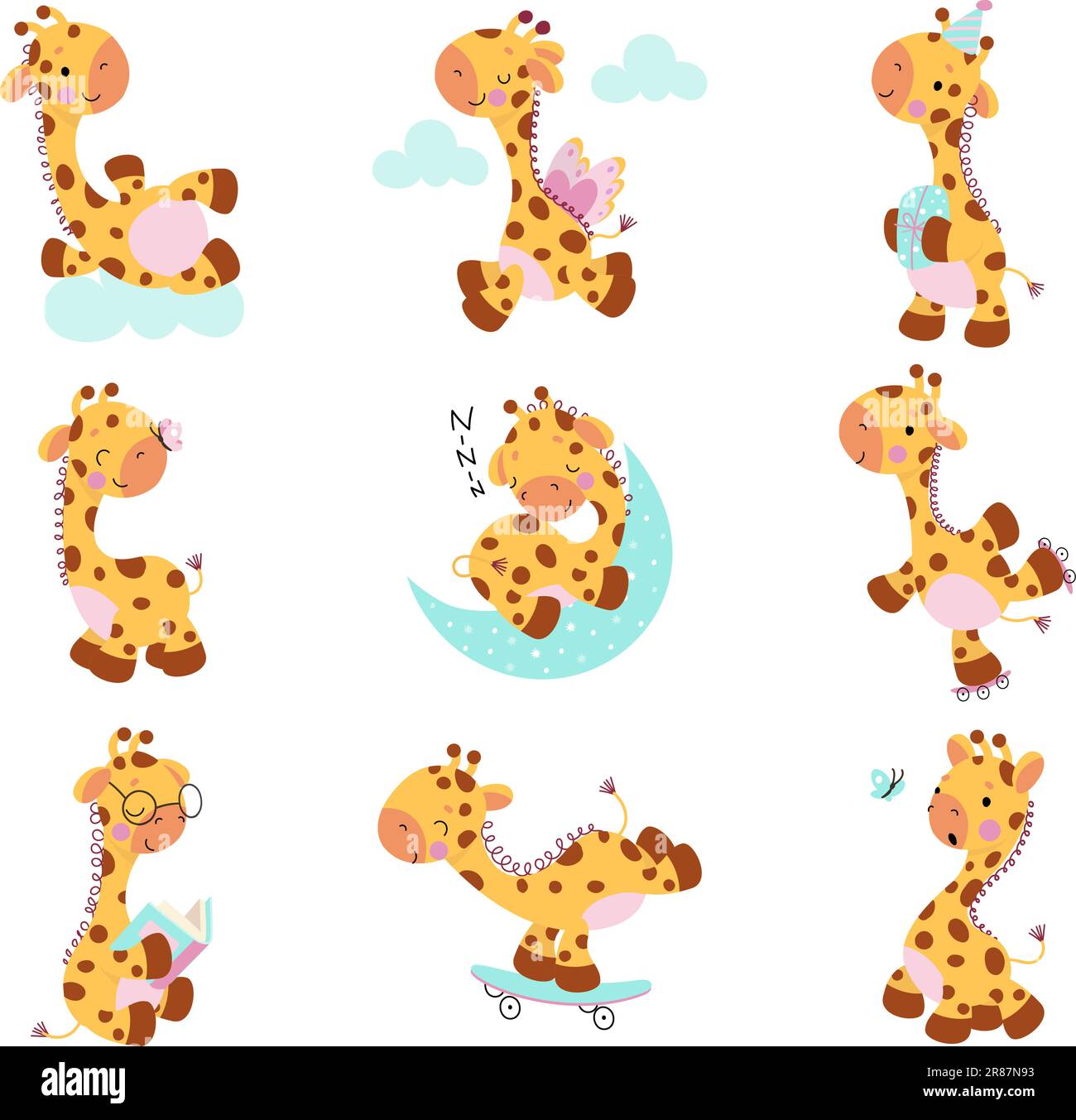 Süße Giraffen, Baby Giraffe Posen Cartoon Kollektion. Kinder exotische Zootiere, niedliche wilde Safari afrikanische Tiere heutzutage Vektorset Stock Vektor
