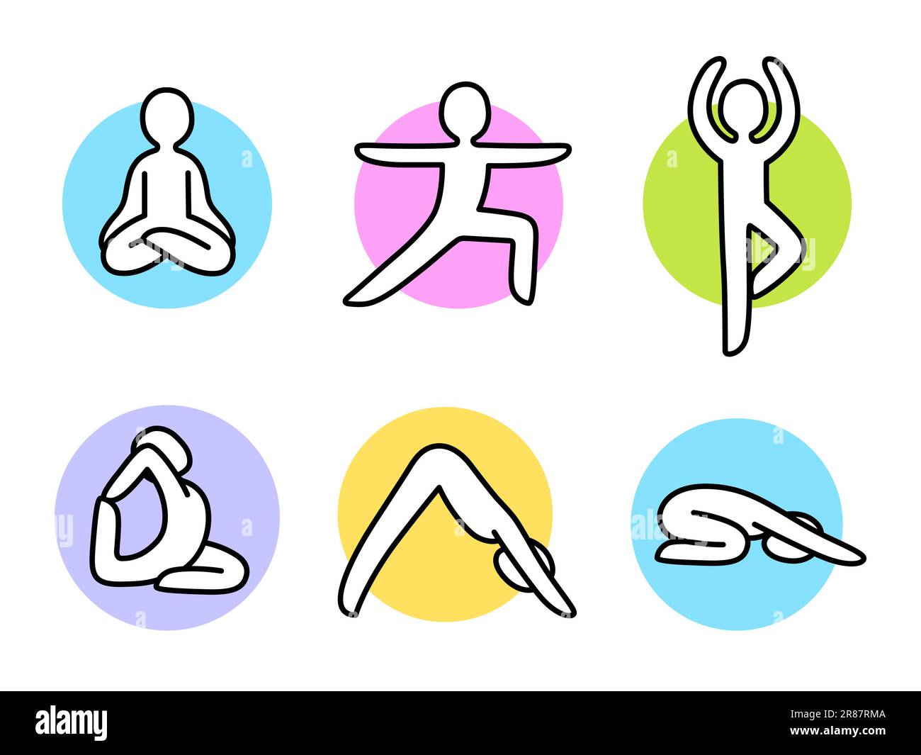 Yoga-Doodle-Symbole in Farbkreisen. Handgezeichnete Figuren in Yoga-Asanas. Einfache Zeichentricksymbole, Vektordarstellung. Stock Vektor