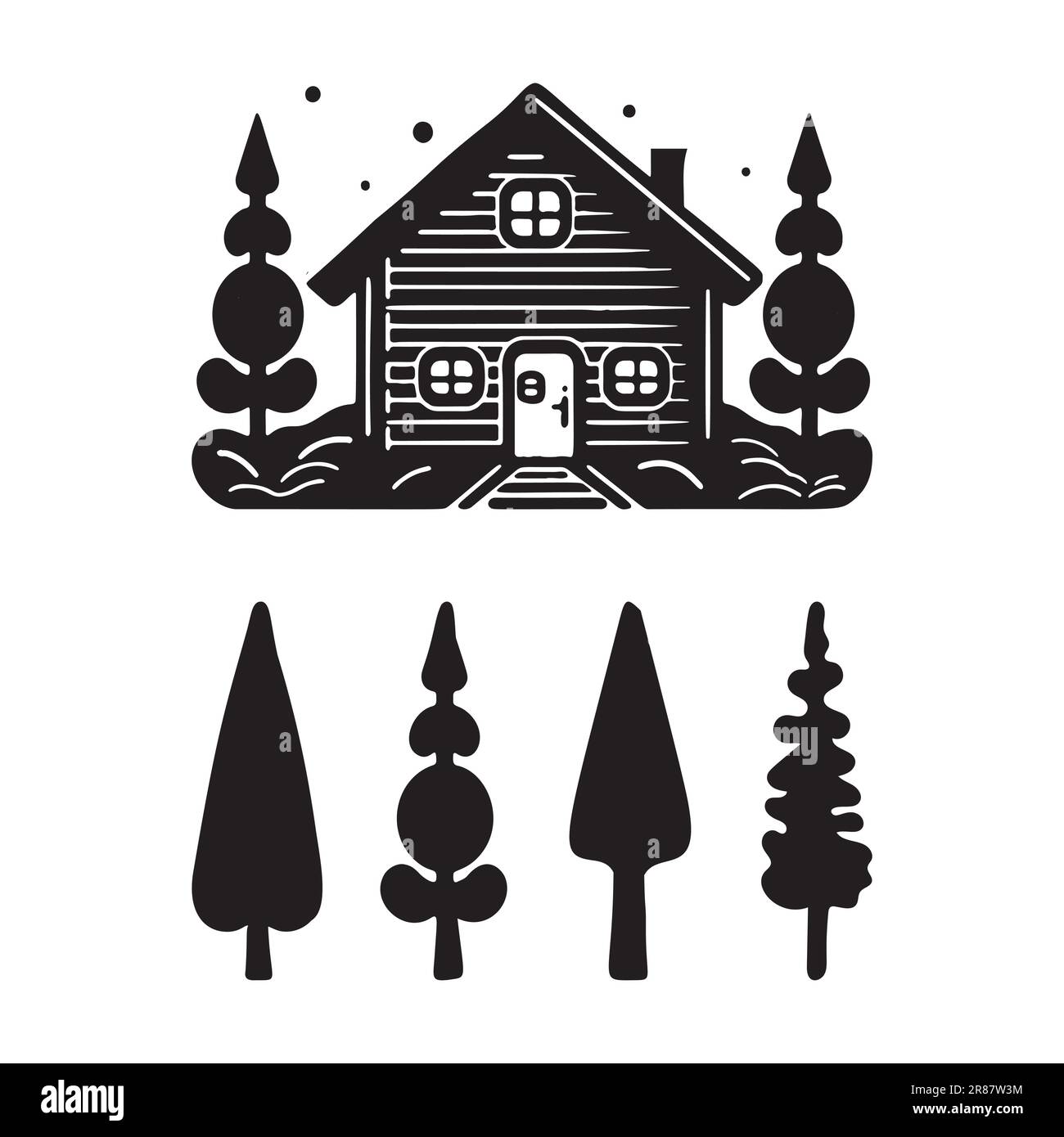 Eine Reihe von Vektordarstellungen für Holzhütten und Tannenbäume. Maskuline Outdoor-Reise im nordischen Linocut-Chalet in skandinavischer Urlaubsgruppe Stock Vektor