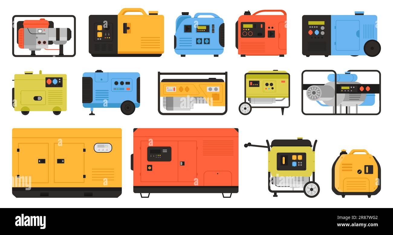 Elektrische Generatoren stellen Vektordarstellung ein. Cartoon isolierte industrielle Dieselmaschinen eines tragbaren Transformatorkraftwerks auf der Baustelle, Motoranlagen für die Stromerzeugung Stock Vektor