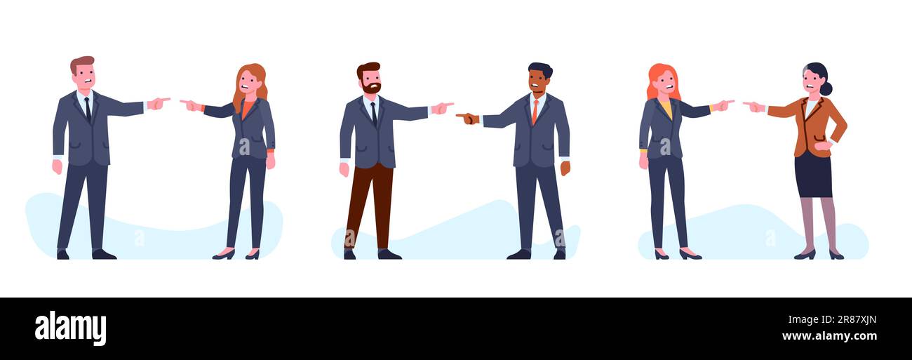 Männer und Frauen, die sich gegenseitig die Schuld geben, auf der Suche nach jemandem, dem sie