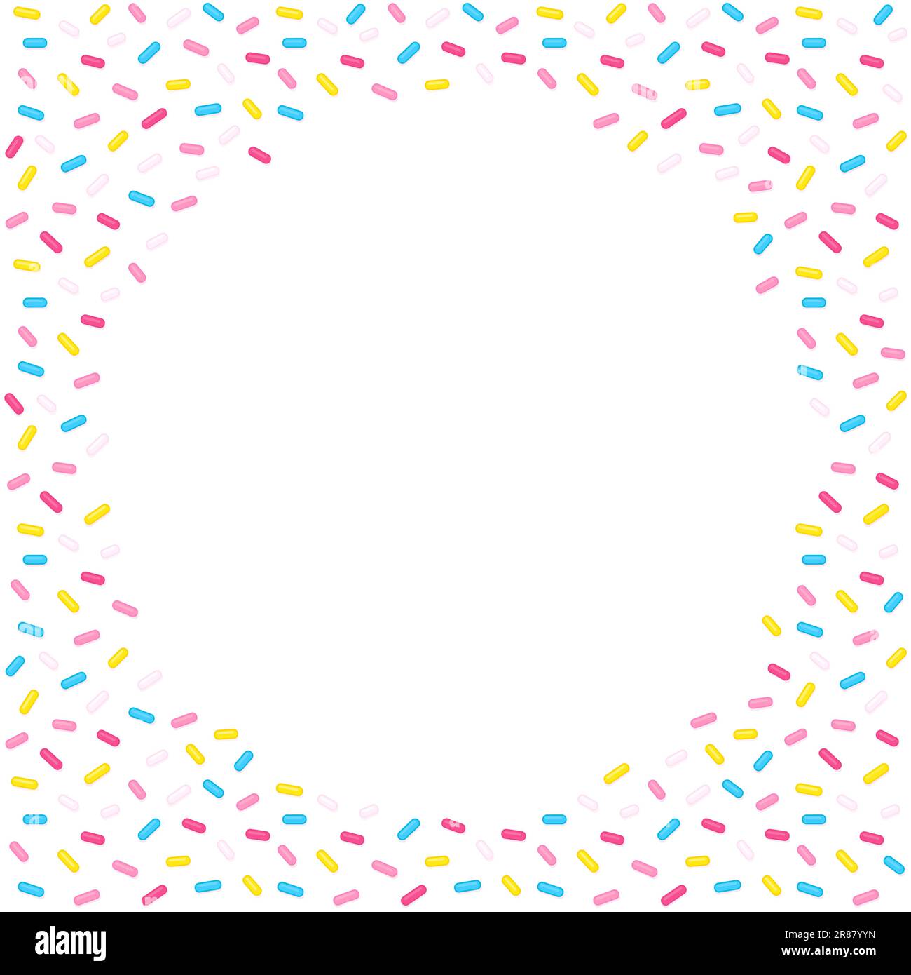 Zucker streut kreisförmigen Rahmen auf weißem Hintergrund. Donut-Glasur oder Geburtstagskuchendekoration. Lustiges Cartoon-Vektordesign für Webbanner oder Poster. Stock Vektor