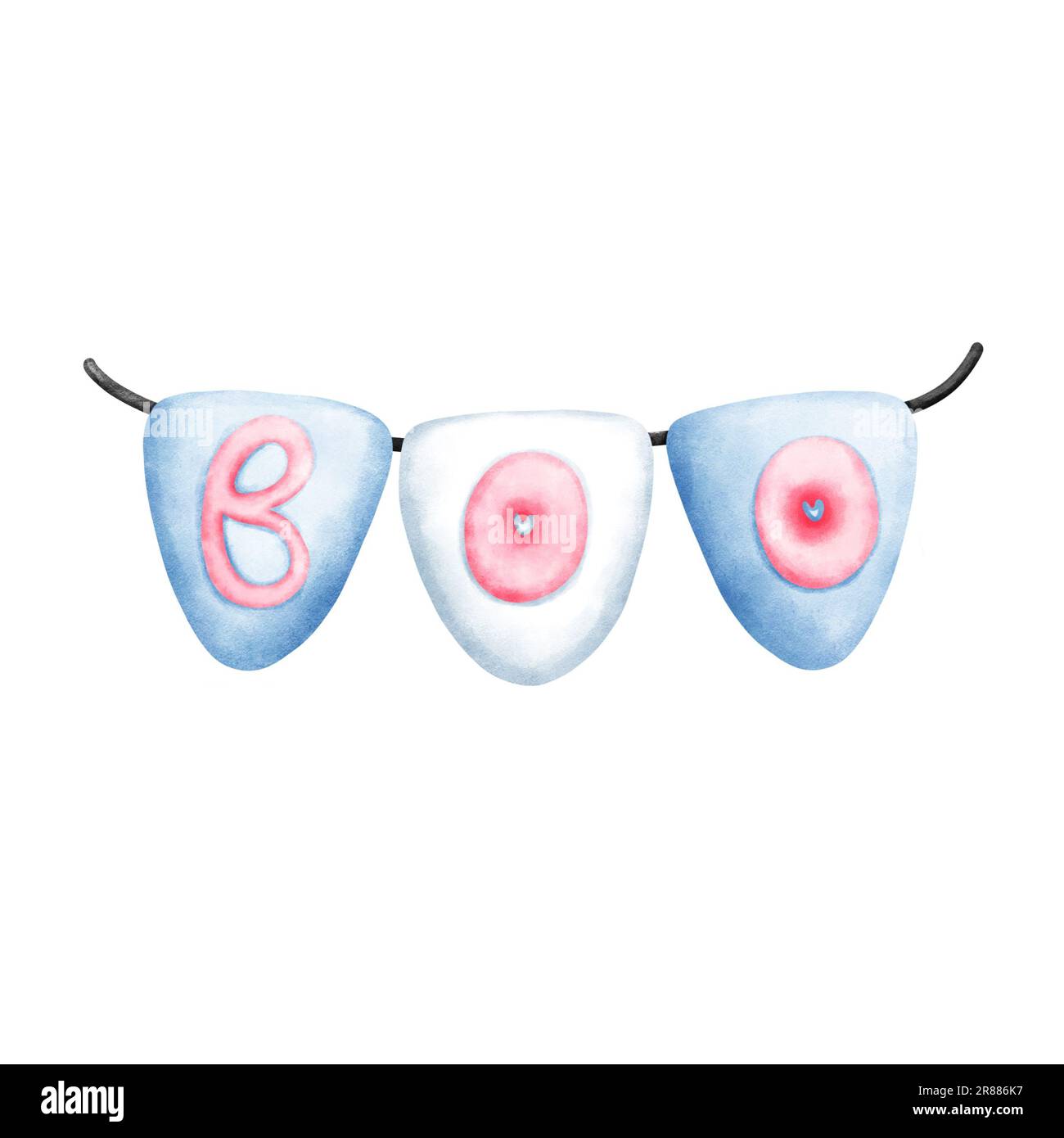 Aquarell Rosa Boo auf Blau und Weiß bunte Illustration isoliert auf weißem Hintergrund. Halloween-Banner, Schriftzug, Poster, Halloween-Design. Stockfoto