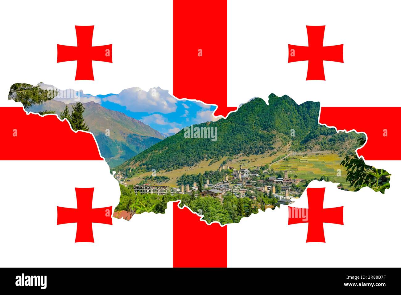 Georgische Nationalflagge mit Landkarte voller Berglandschaft Stockfoto