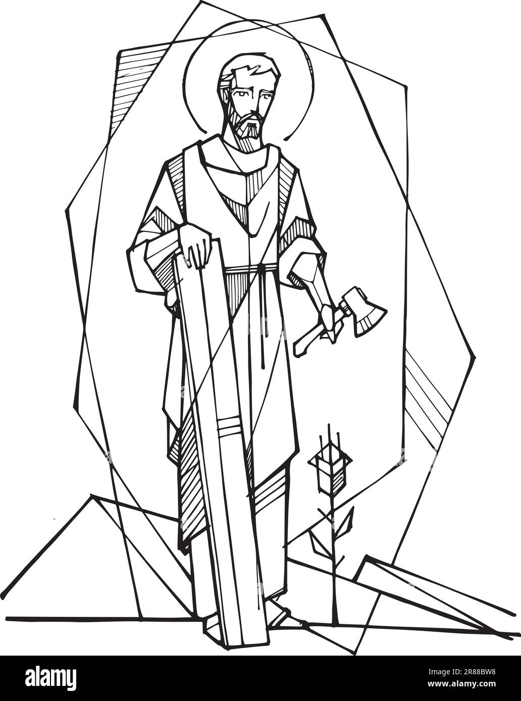 Handgezeichnete Vektordarstellung oder Zeichnung des Heiligen Joseph des Arbeiters Stock Vektor