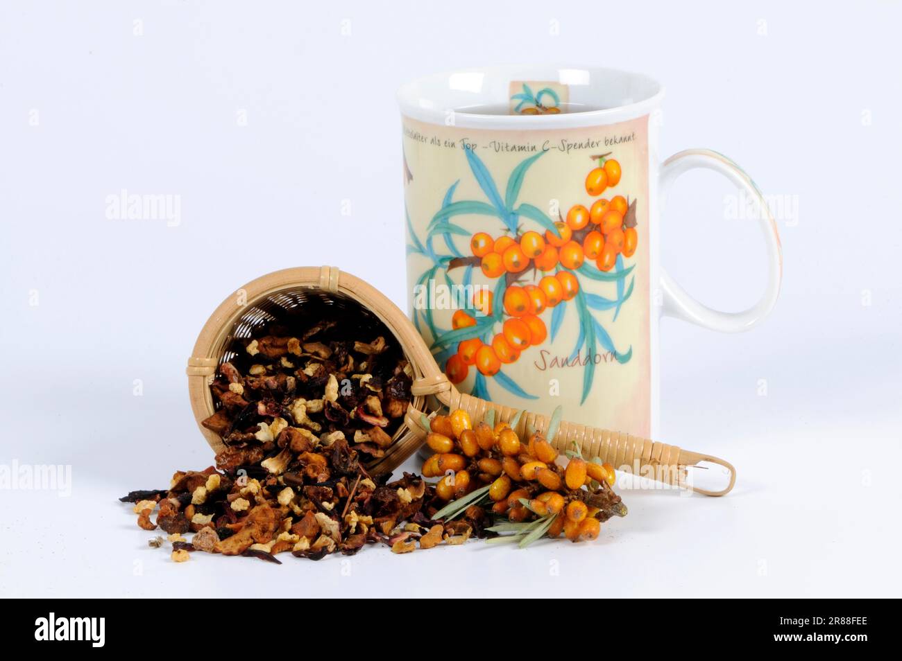 Pokal-Sanddorn-Tee (Hippophae rhamnoides) getrockneter Sanddorn Stockfoto