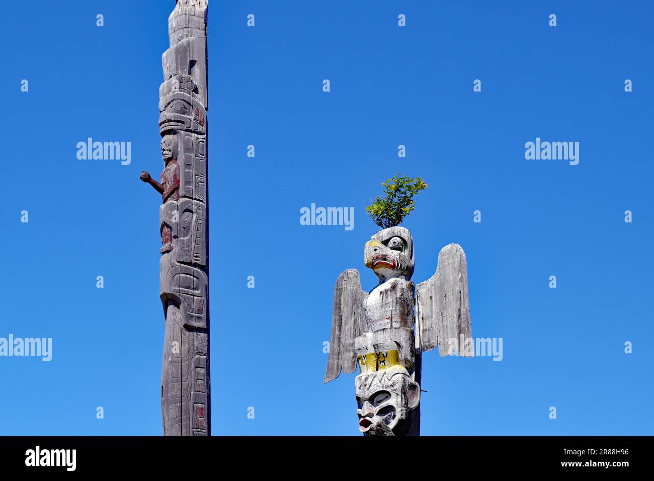 Toteems auf einem alten Friedhof in Alert Bay, First Nations, Cormorant Island, Vancouver Island, Nationalpark, Pazifik, British Columbia, Kanada Stockfoto