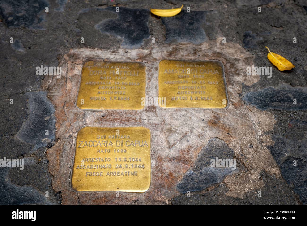 Polierte Steine aus Messing mit Namen der einheimischen jüdischen Bewohner, Rom, Latium, Italien Stockfoto