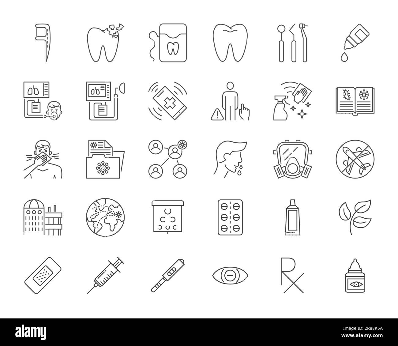 Symbole Für Medizinische Vektoren. Liniensymbole, -Zeichen und -Symbole im linearen Design. Medizin, Gesundheitswesen und Coronavirus COVID-19 Pandemie. Mobile Konzepte und Stock Vektor