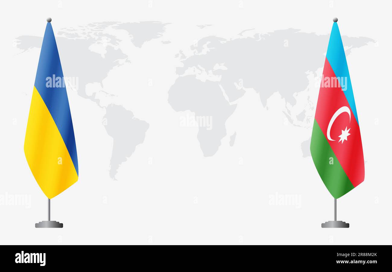 Flaggen der Ukraine und Aserbaidschans für offizielles Treffen vor dem Hintergrund der Weltkarte. Stock Vektor