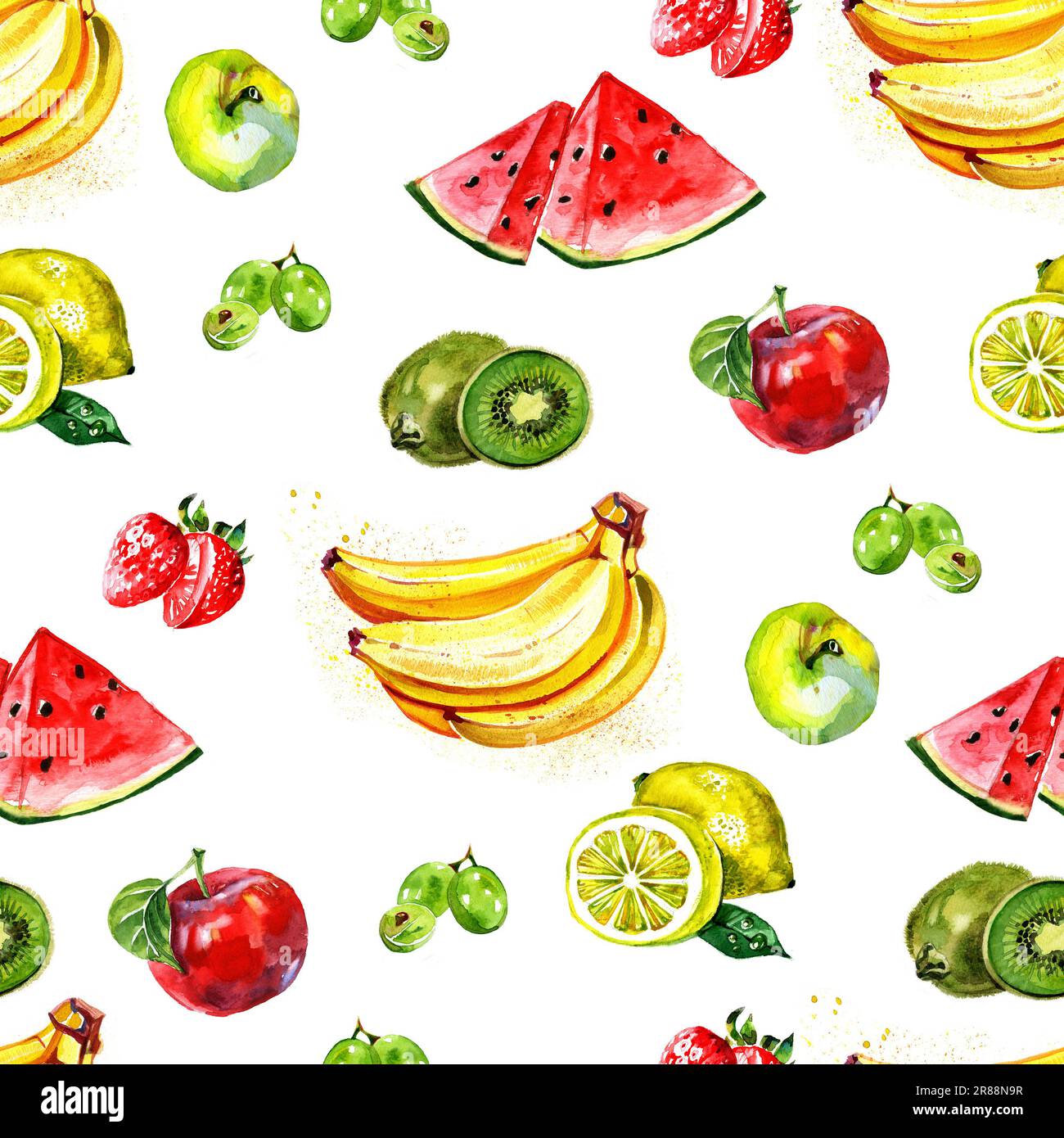Nahtloses Muster mit wässrigen, strukturierten Früchten: apfel, Wassermelone, Papaya, Zitrone und Beeren. Stockfoto
