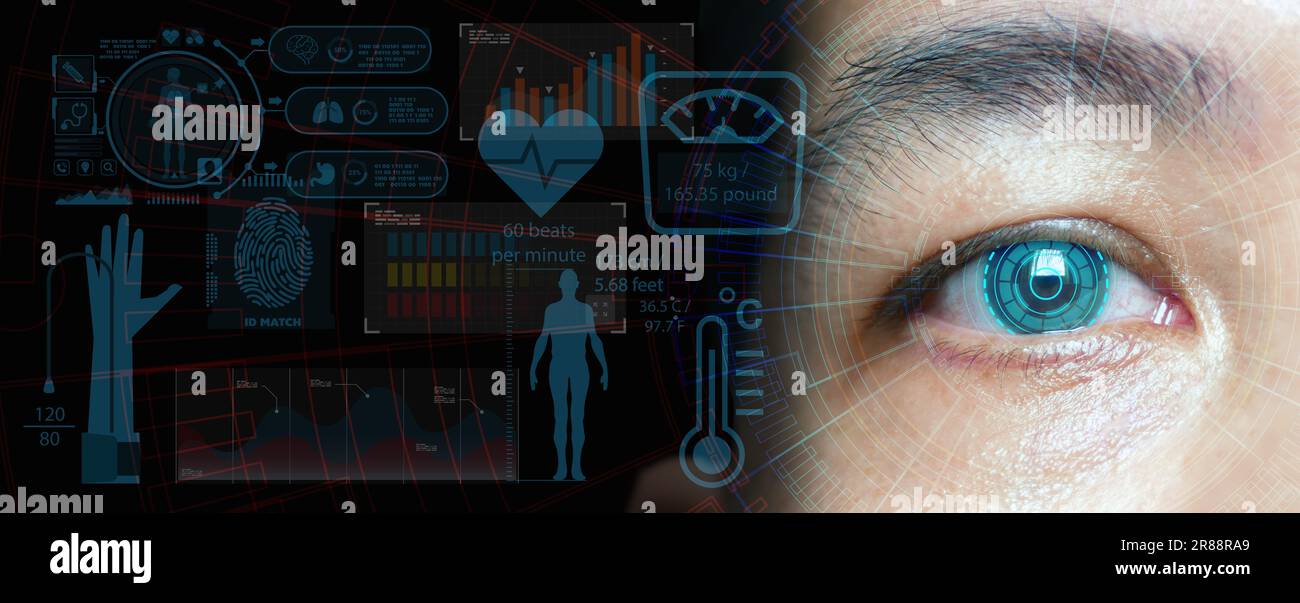 Nahaufnahme einer intelligenten Kontaktlinsen-Technologie, die die Sicht korrigieren, Informationen anzeigen und die Gesundheit des Trägers in Echtzeit überwachen kann. Stockfoto