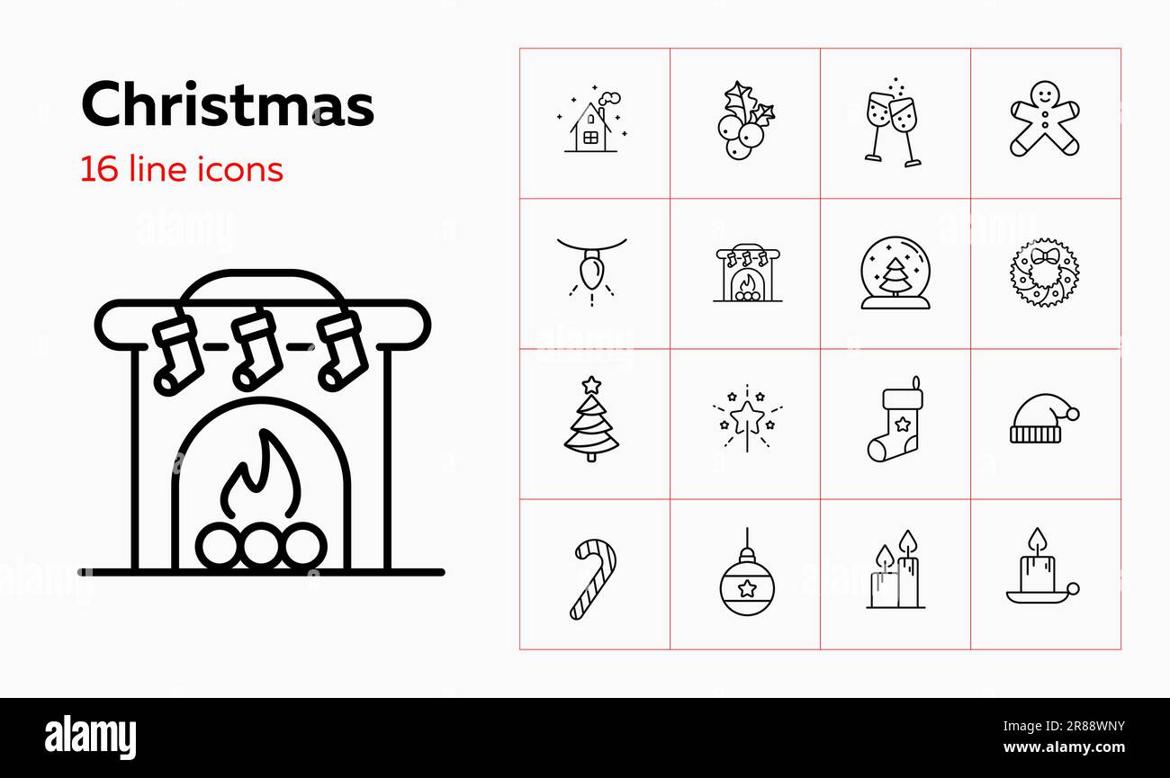 Weihnachtslinie Symbolset. Mistelzweig, Lebkuchen, Strumpf, Kerze. Festungskonzept. Kann für Themen wie Weihnachtsabend, Heimparty, Schmuck verwendet werden Stock Vektor
