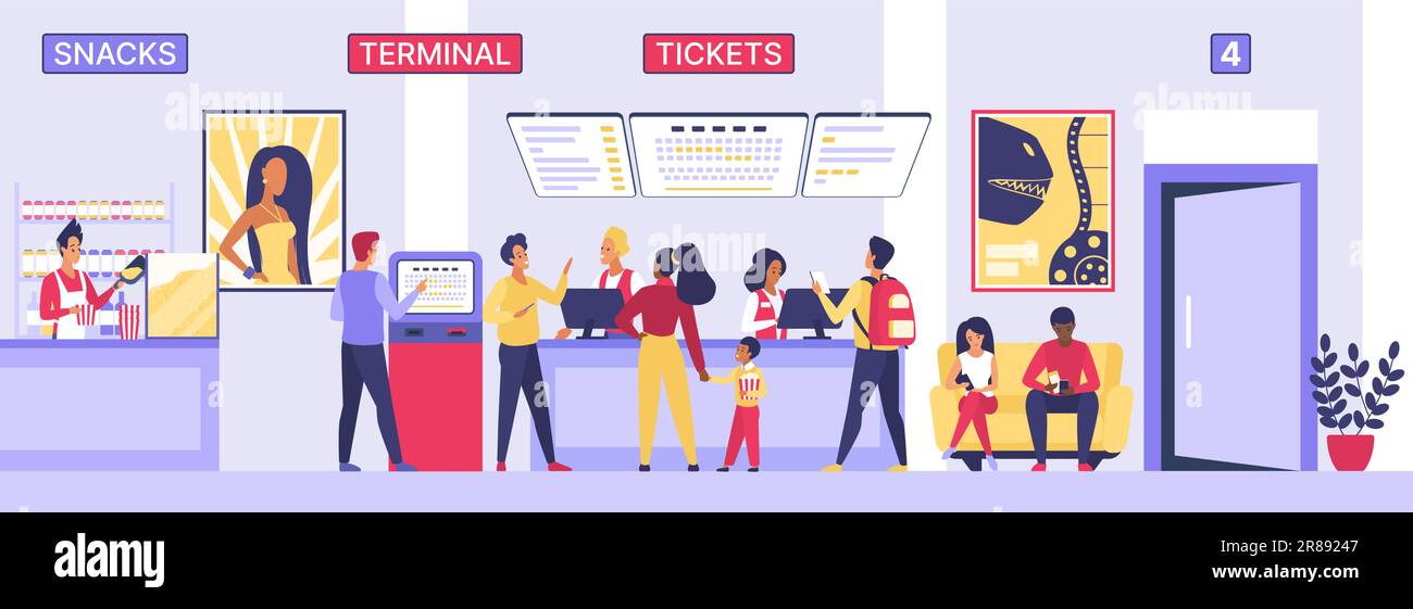 Die Leute kaufen Karten für die Filmpremiere in der Kinotheaterlobby. Interieur eines Cartoon-Kinos mit Figuren an der Theke des Popcorn-Ladens, Eingang zur Halle und Schauspielerposter, Terminal Stock Vektor