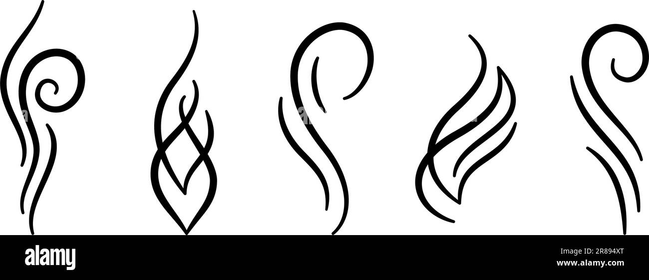 Die Symbole für Pudelrauch werden eingestellt. Symbole für Wasserdampf. Handgezogene heiße Dämpfe. Geruchssymbole für Linienluft. Doodle Fire Rauch Symbole. Vektordarstellung isoliert auf Stock Vektor