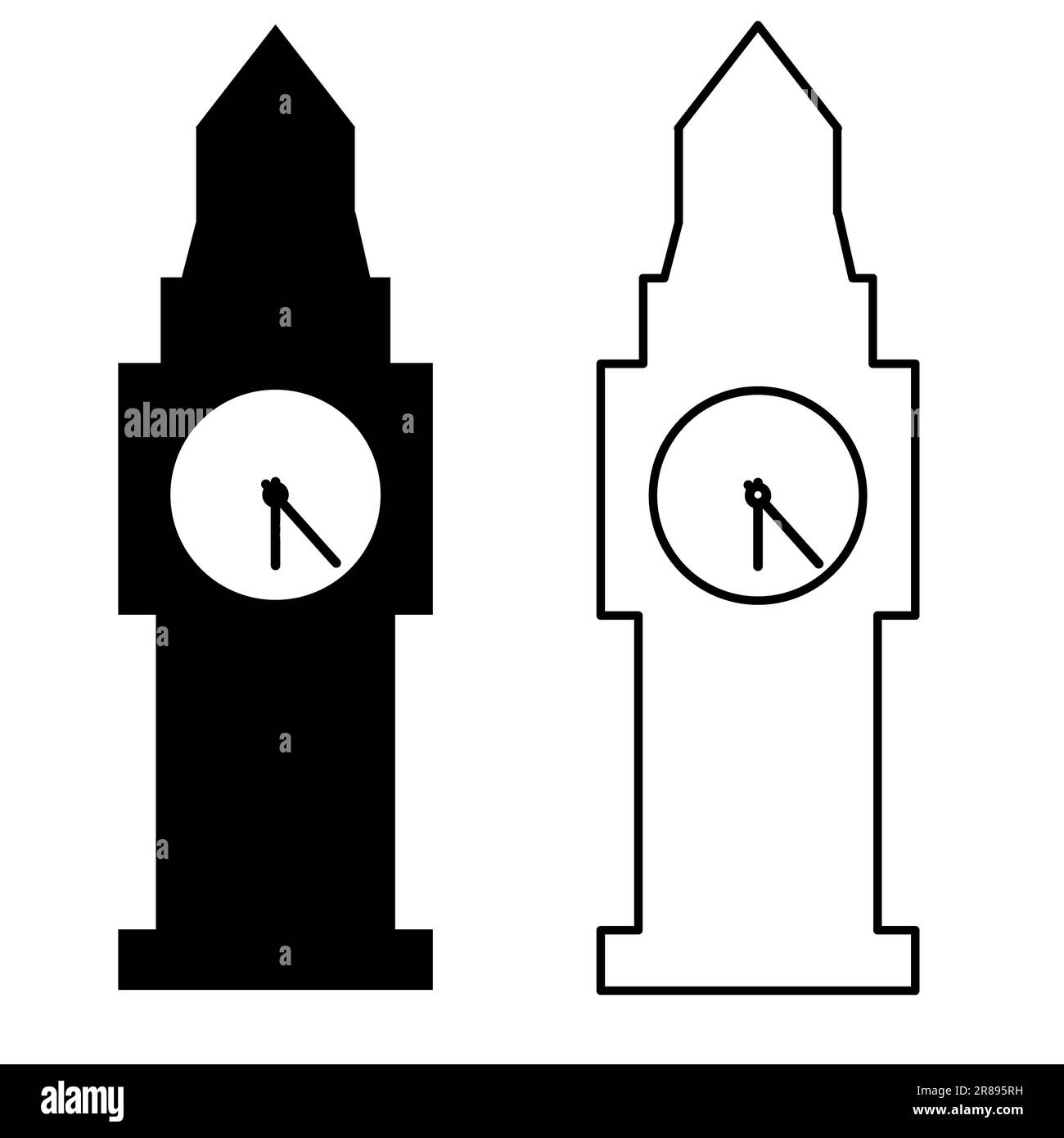 Uhrenturm-Symbol auf weißem Hintergrund. Das Schild vom Big ben Tower. Flacher Stil. Stockfoto