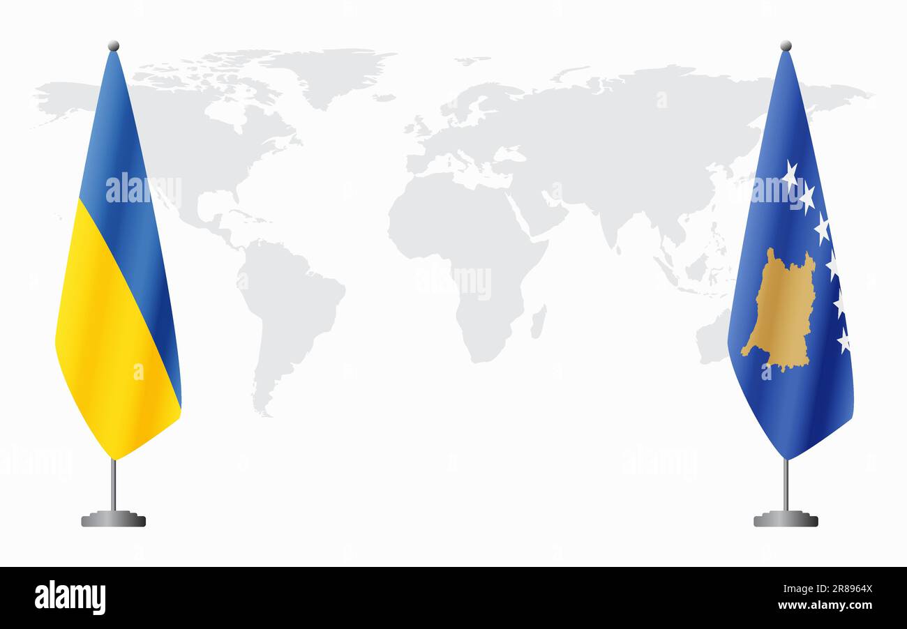 Flaggen der Ukraine und des Kosovo für offizielle Treffen vor dem Hintergrund der Weltkarte. Stock Vektor