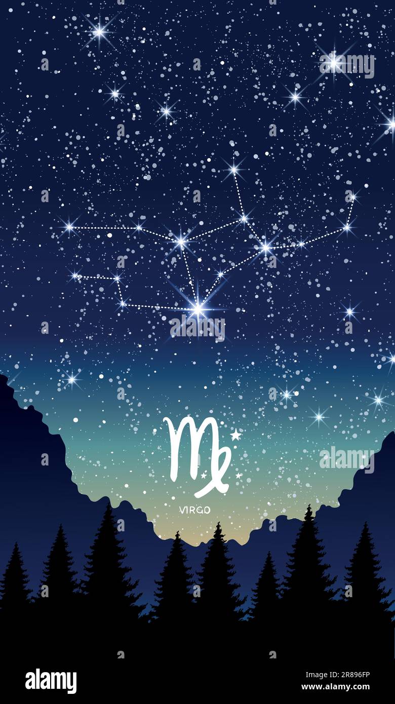 Sternzeichen Virgo, Horoskop-Sternbild am Nachthimmel, vertikale Vorlage mit Kopierraum für Geschichten. Hintergrund für Astrologie, Wahrsager, Stock Vektor