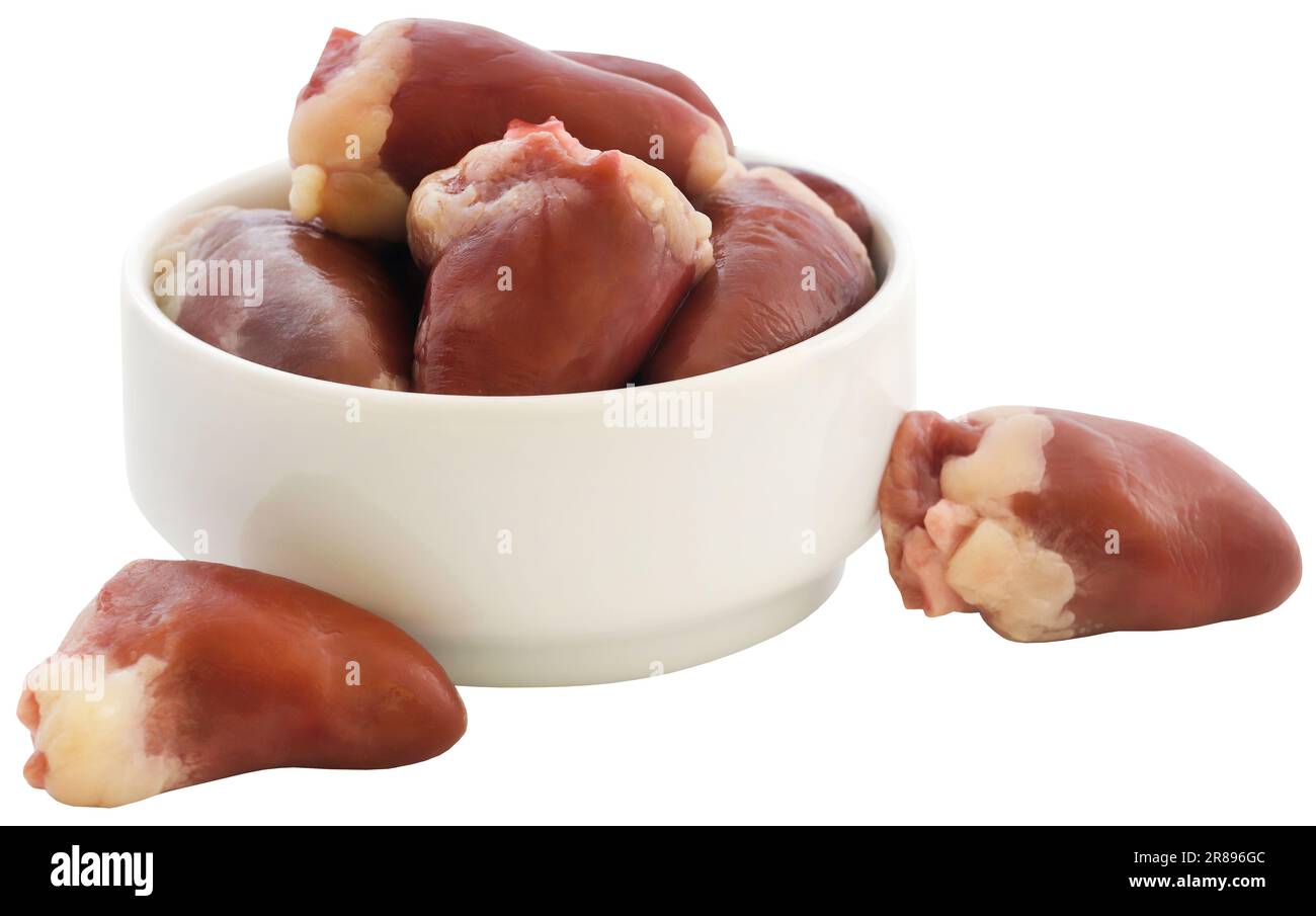 Hühnerherz frisch aus biologischem Anbau und isoliert in der Schüssel Stockfoto