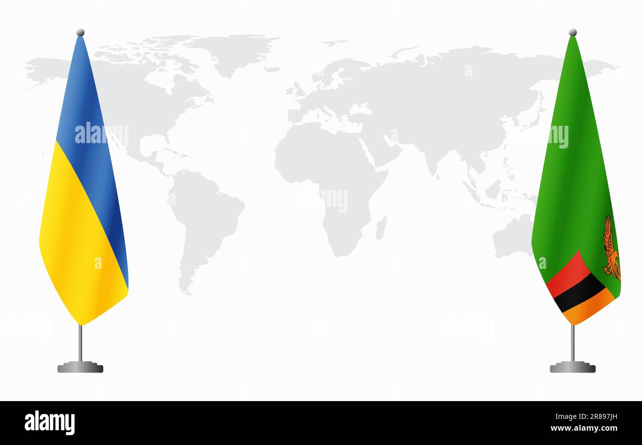 Flaggen der Ukraine und Sambias für offizielles Treffen vor dem Hintergrund der Weltkarte. Stock Vektor