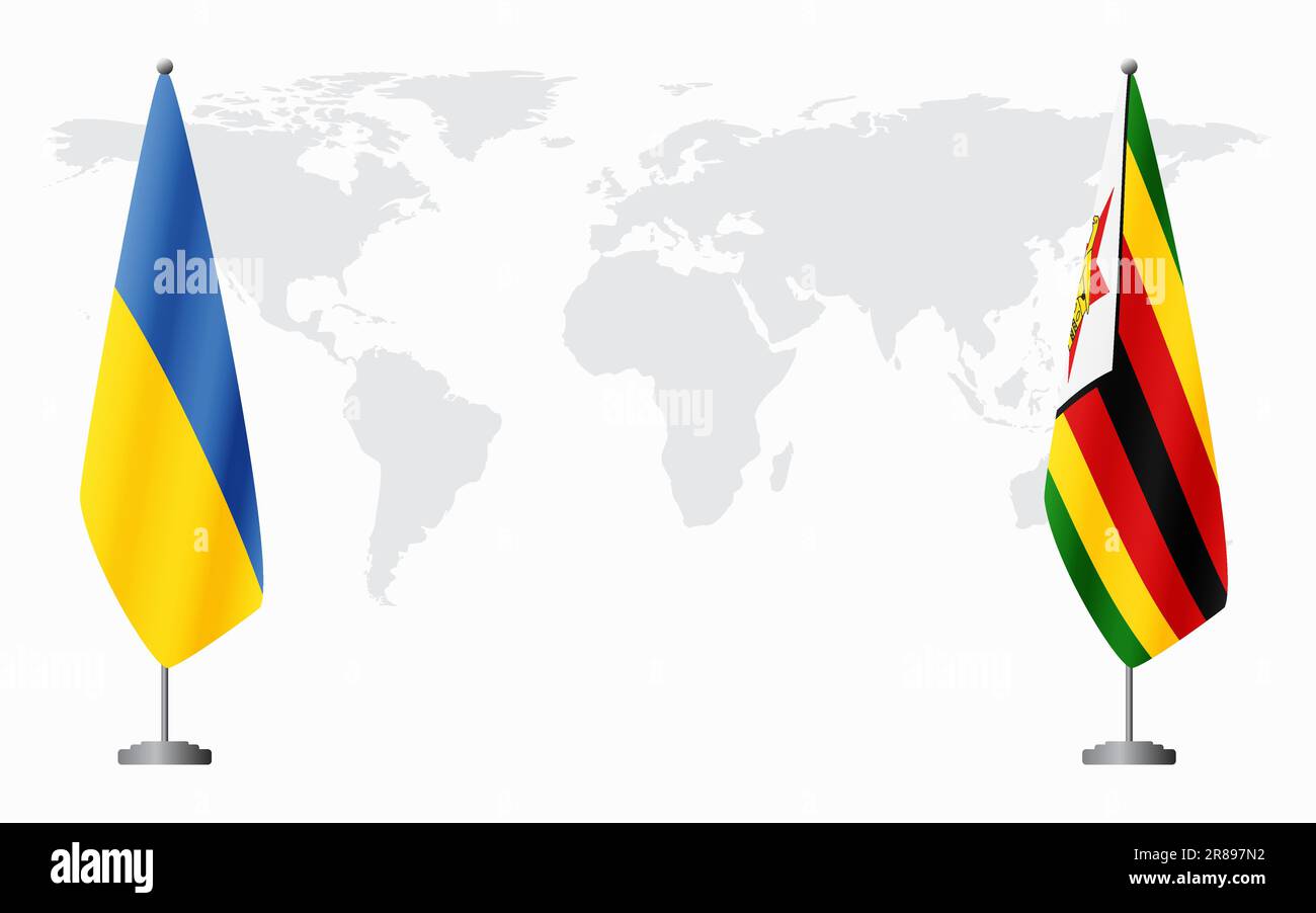 Die Ukraine und Simbabwe führen vor dem Hintergrund der Weltkarte offizielle Sitzungen durch. Stock Vektor