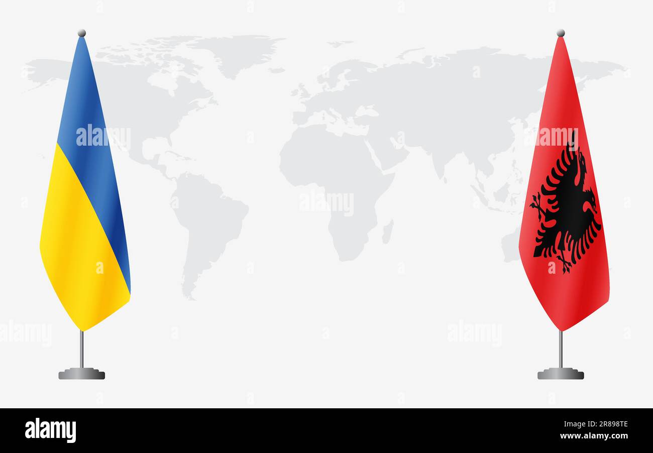 Flaggen der Ukraine und Albaniens für eine offizielle Tagung vor dem Hintergrund der Weltkarte. Stock Vektor