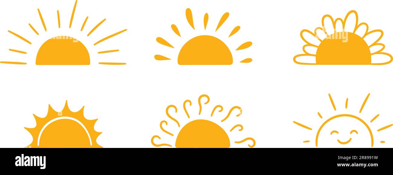 Gelbe Halb-Sonne-Symbole im Doodle-Stil. Handgezeichnete einfache grafische Symbole für den Sonnenuntergang. Symbole für Sommerhitze. Halbrundes Solarelement. Vektordarstellung Stock Vektor