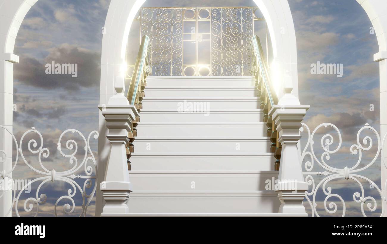 Treppen in den Himmel. Himmelstor. Hochzeitshintergrund. 3D-Darstellung rendern. Stockfoto