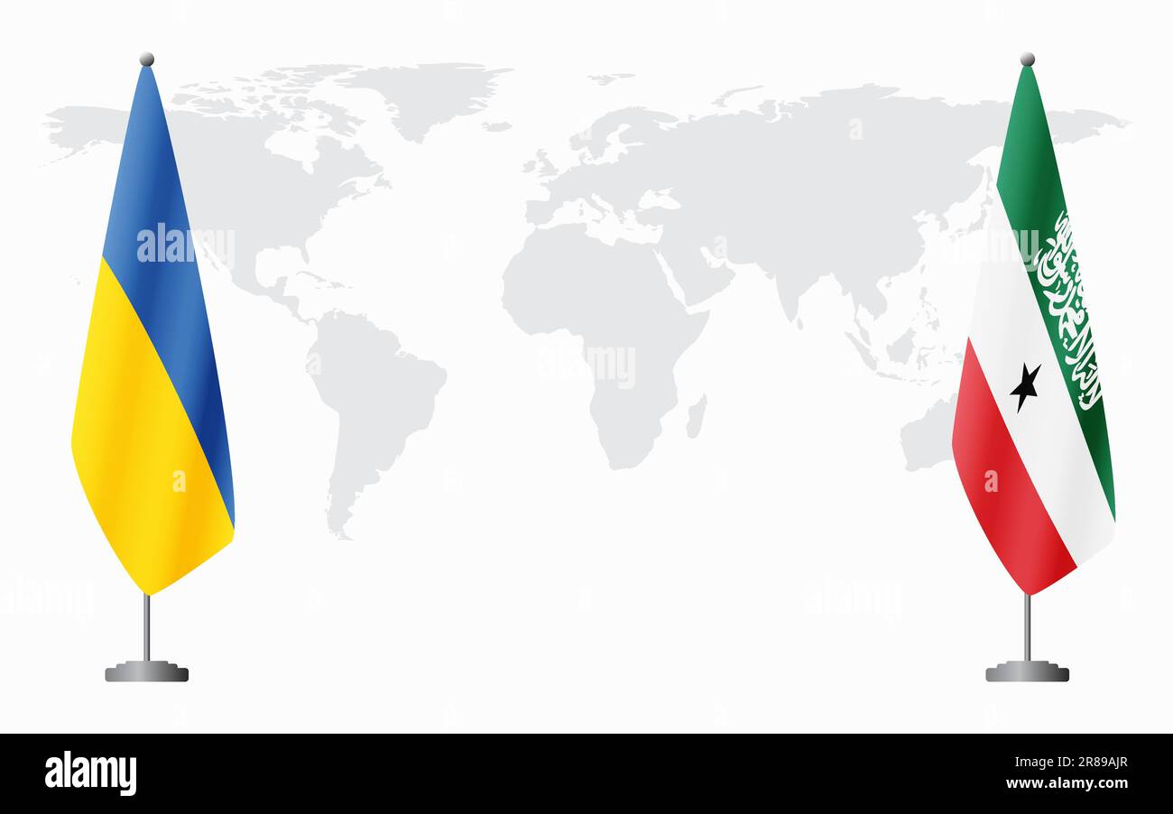 Die Ukraine und Somaliland führen vor dem Hintergrund der Weltkarte die Flagge für ein offizielles Treffen. Stock Vektor
