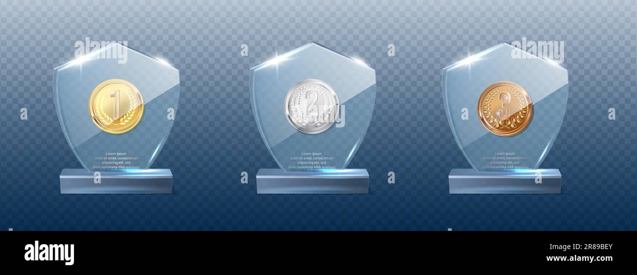 3D-Symbolsatz für realistische Vektoren. Glaskristall-Trophäe mit Gold-, Silber- und Bronzemedaillen. Isoliert auf transparentem Hintergrund. Stock Vektor