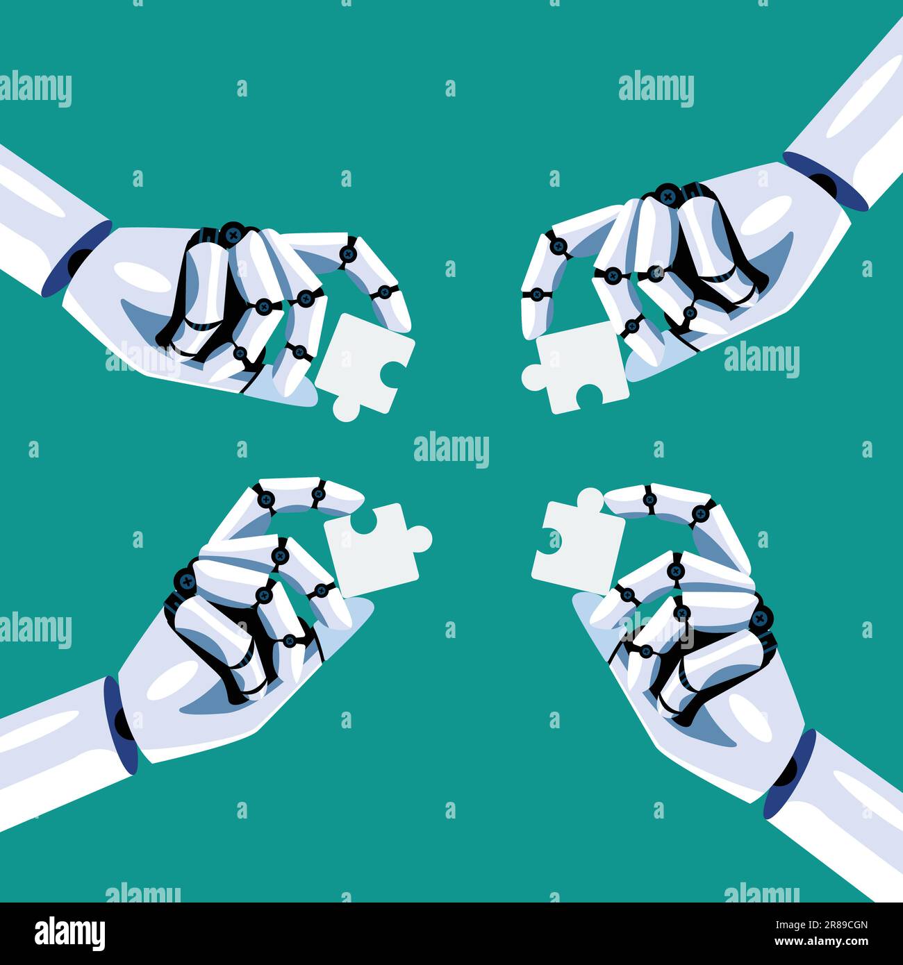 KI-Roboter setzen Puzzleteile zusammen. Zusammenarbeit von Mensch und künstlicher Intelligenz. Vektordarstellung Stock Vektor