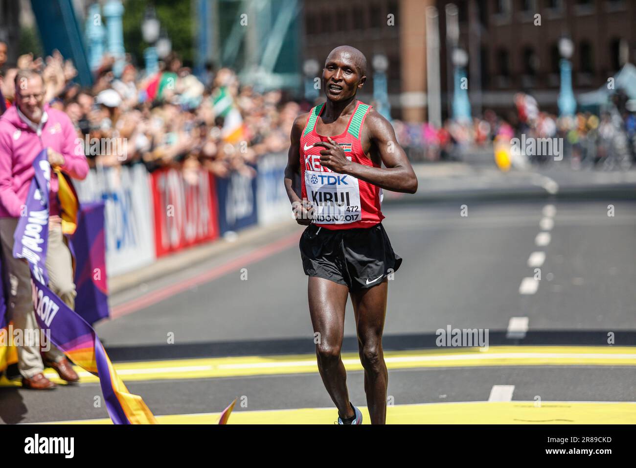 Geoffrey Kirui gewinnt beim Marathon bei der Leichtathletik-Weltmeisterschaft London 2017. Stockfoto