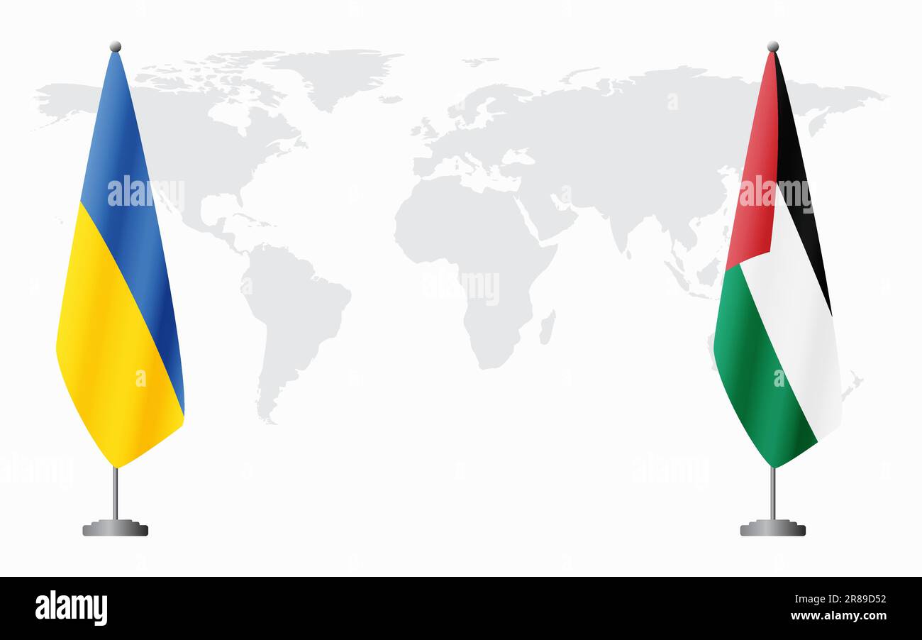 Die Ukraine und Palästina führen vor dem Hintergrund der Weltkarte die Flagge für ein offizielles Treffen. Stock Vektor