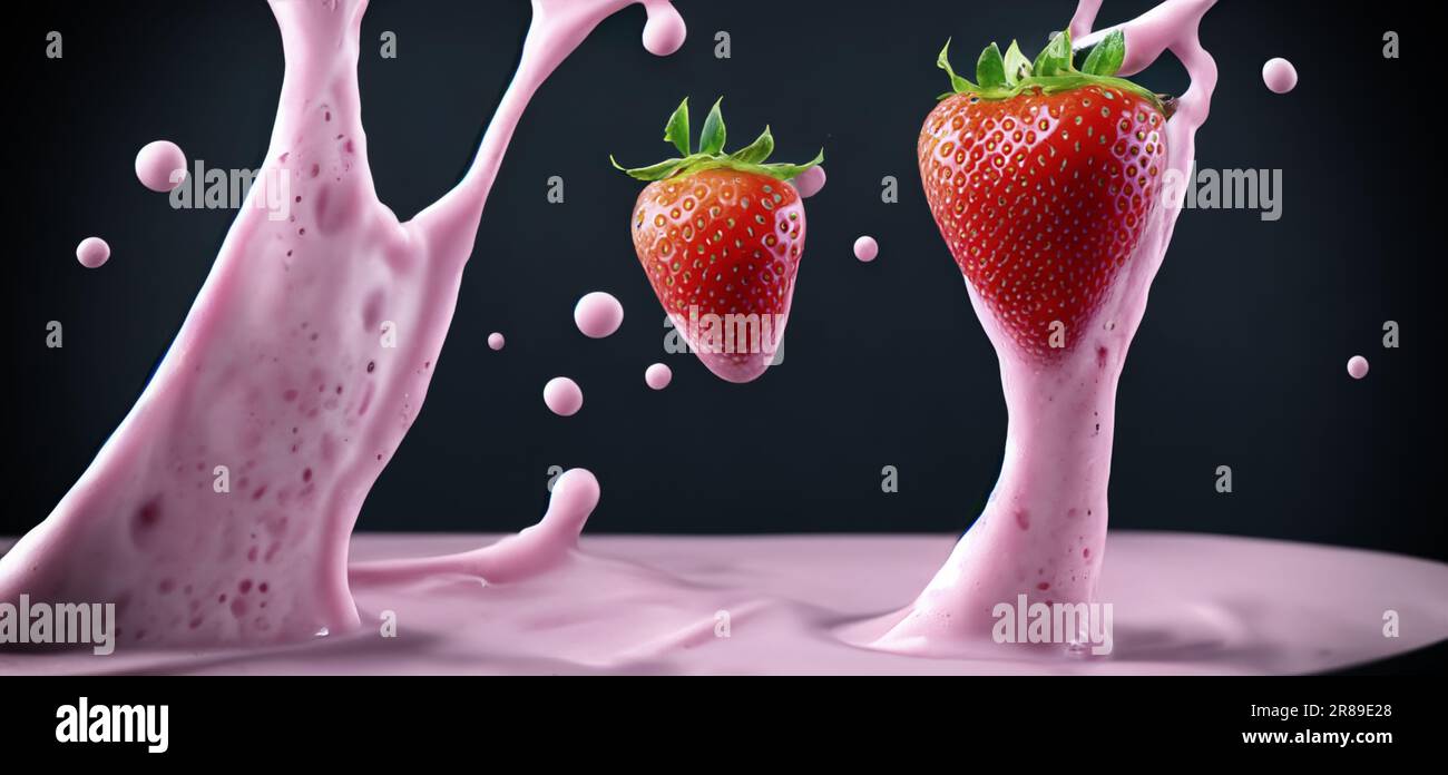 Erdbeermilch mit isolierter Erdbeermilch auf schwarzem Hintergrund ... Erdbeermilch mit isolierter Erdbeermilch auf schwarzem Hintergrund ...