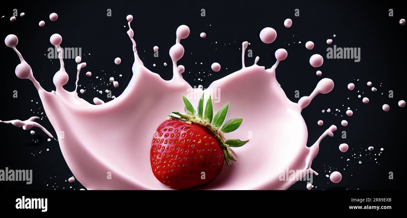 Erdbeermilch mit isolierter Erdbeermilch auf schwarzem Hintergrund. Erdbeeren, die zu rosafarbener Milch oder cremigem, flüssigem Getränk verfallen. Milchig Stockfoto