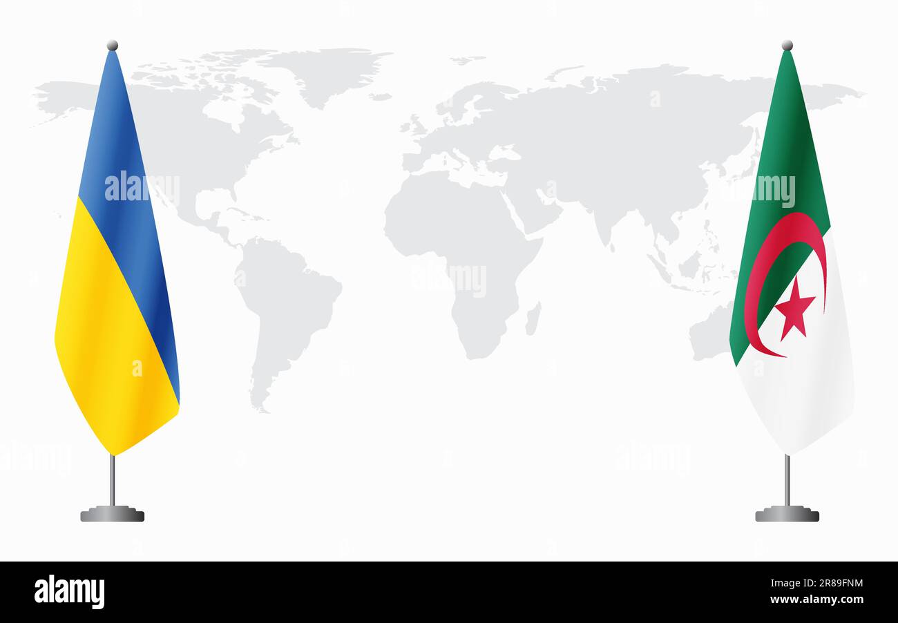 Flaggen der Ukraine und Algeriens für eine offizielle Tagung vor dem Hintergrund der Weltkarte. Stock Vektor